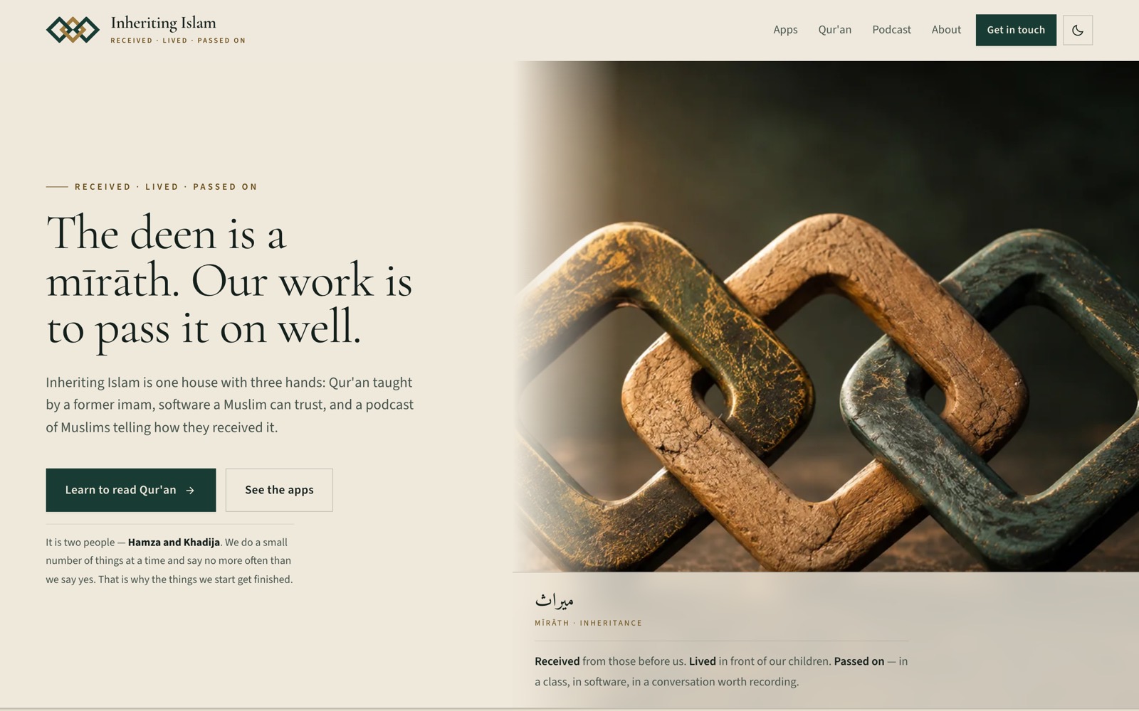 Inheriting Islam home page: 'The deen is a mīrāth' beside a photograph of three interlocking links
