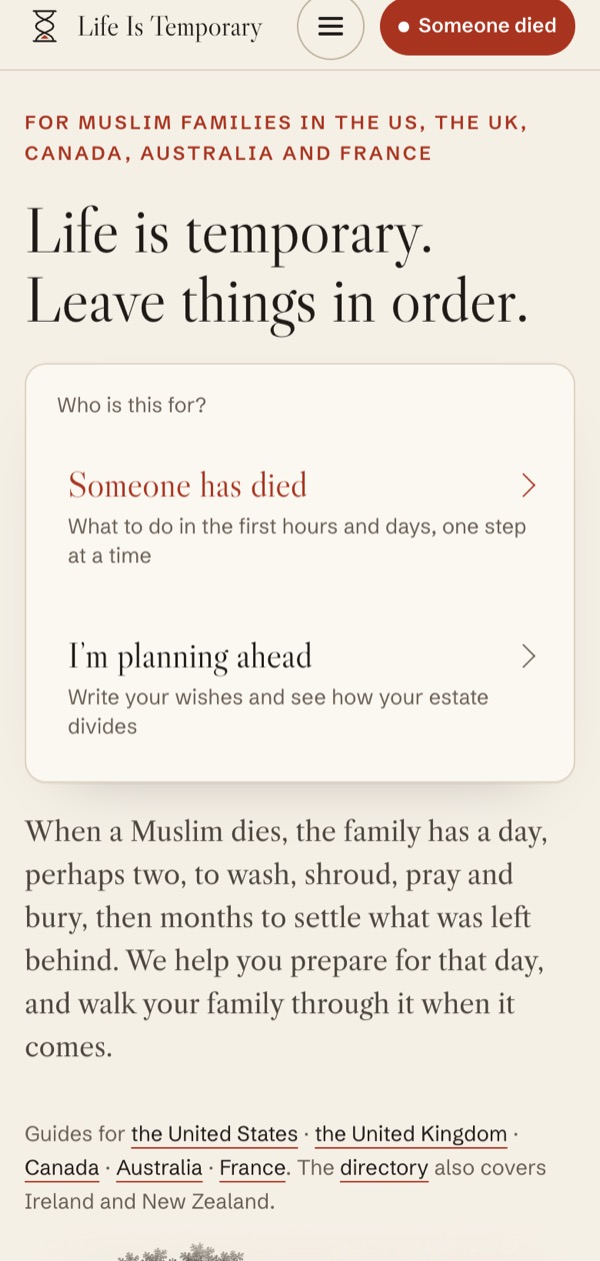 Life Is Temporary home page on a phone